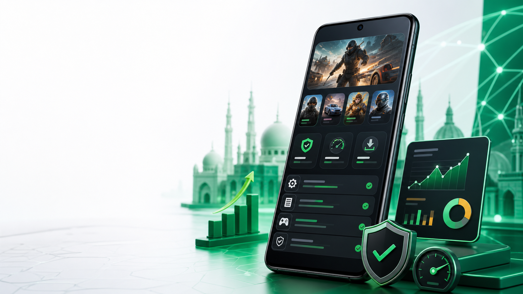 Mobile APK guide interface with security, update, and analytics cards
